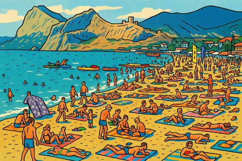 Пляж в Крыму купальный сезон люди на море отдых