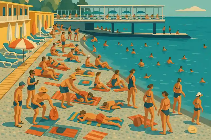 Перегруженный пляж на Южном берегу Крыма много людей