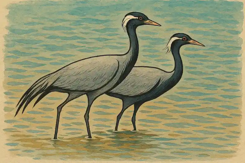 Журавль-красавка Anthropoides virgo белые косицы черная голова