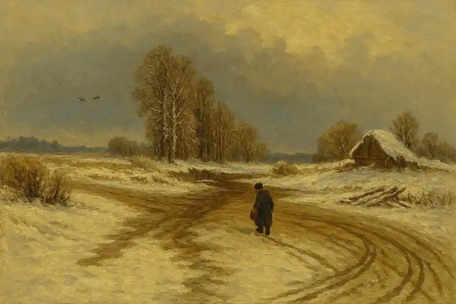 Картина, принесшая Васильеву первую премию на конкурсе Общества поощрения художников и сделавшая его знаменитым. На полотне — зимний пейзаж с тающим снегом и грязной дорогой