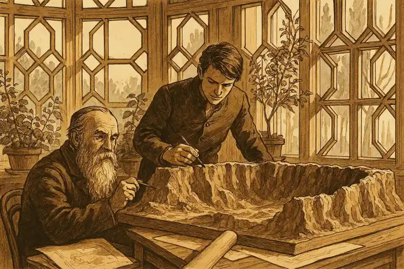 Владимир Николаевич Дмитриев вместе с сыном (вероятно, Борисом) стоит у рельефной карты Южного берега Крыма на террасе своего дома в Ялте. Фотография датируется концом XIX века.