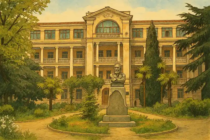 Общий вид памятника Владимиру Николаевичу Дмитриеву, установленного перед фасадом Корпуса «Пироговский» НИИ им. Сеченова в Ялте. Бюст на постаменте, рядом — здание института.