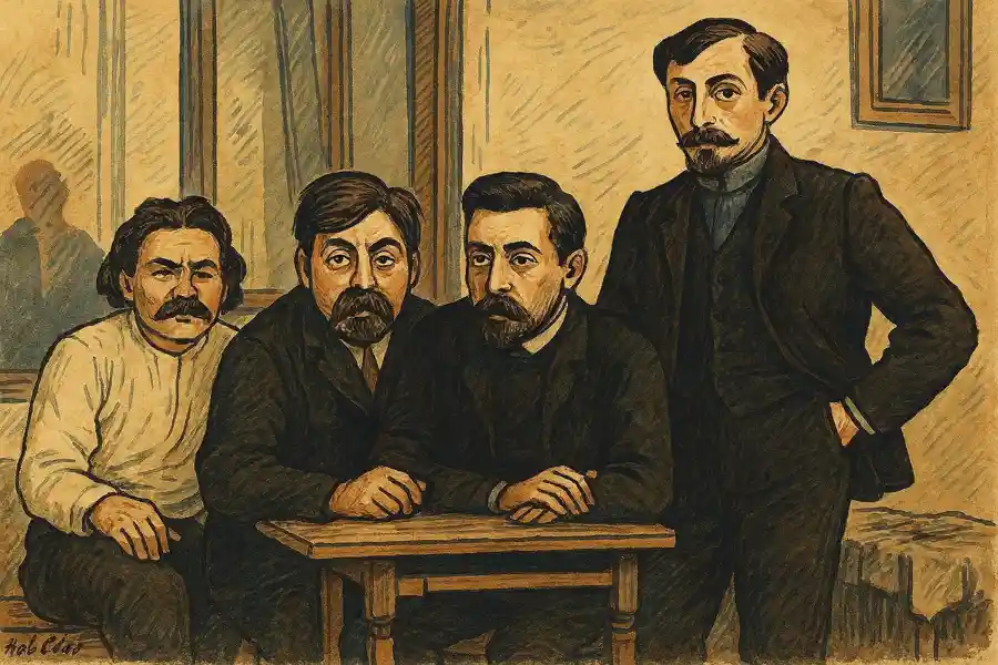 Групповое фото писателей в Ялте 1900 год: Горький, Бунин, Мамин-Сибиряк